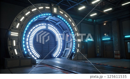 Futuristic background concept, Futuristic portal in a sci-fi interior setting 125611535