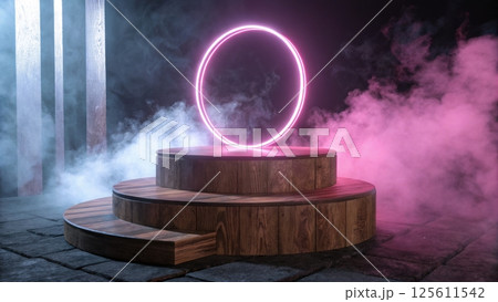 Futuristic background concept, Futuristic glowing circle on a wooden pedestal. 125611542