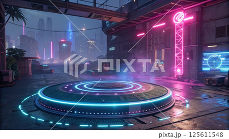 Futuristic background concept, Futuristic urban scene with neon lights and mist. 125611548