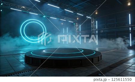 Futuristic background concept, Futuristic stage with neon lights and fog effects 125611550