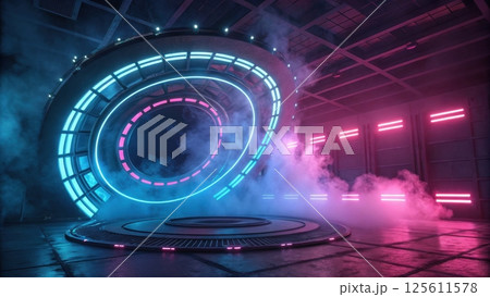 Futuristic background concept, Futuristic portal with neon lights and smoke effects Futuristic background concept, Futuristic portal with neon lights and smoke effects 125611578