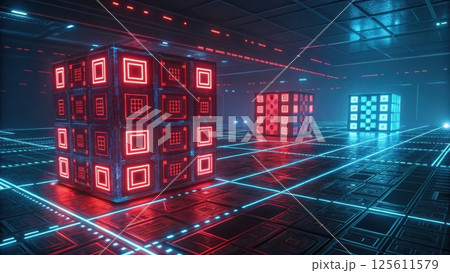 Futuristic cubes in a glowing digital environment Futuristic cubes in a glowing digital environment 125611579