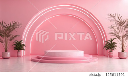 Modern pink studio with circular backdrop and plants 125611591