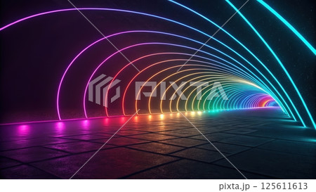 Vibrant neon tunnel with colorful lights 125611613