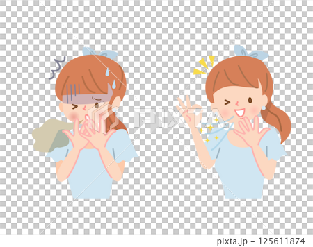 Woman with bad breath before and after 125611874