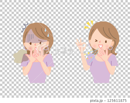 Woman with bad breath before and after 125611875