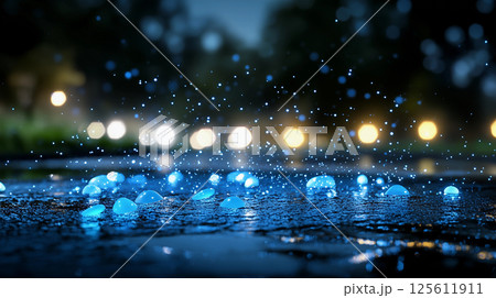 Bioluminescent blue raindrops splash on wet pavement at night - surreal urban rain scene with glowing water 125611911
