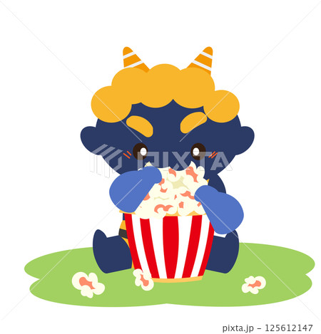 カップいっぱいのポップコーンを食べる青鬼のイラスト 125612147