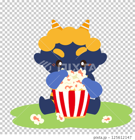 カップいっぱいのポップコーンを食べる青鬼のイラスト 125612147