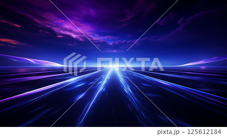 Glowing road into virtual reality or cyberspace, abstract minimal dark background. Future cyber metro railway on black. Abstract high technology lines connect, future High-tech Space. 125612184