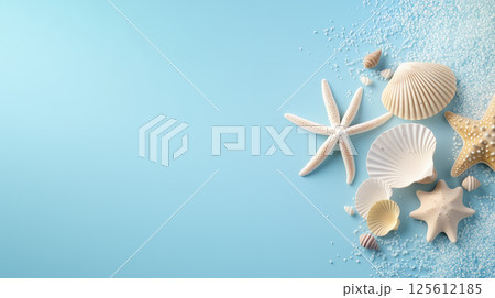 Bright starfish and seashells arranged on light blue background with space for text, summer and beach vacation theme 125612185