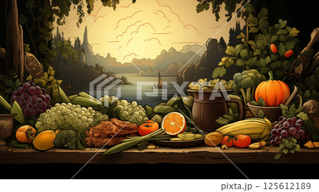 Rustic still life of fruits and vegetables on a table with mountain lake background at sunset illustrated style 125612189