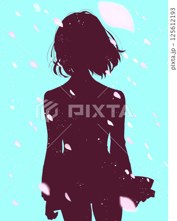 女子学生　立ち絵　シルエット　桜吹雪 125612193