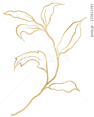 Hand drawn twig with leaves, golden outlines, isolated illustration, wedding stationery element 125612293