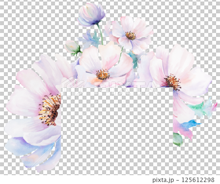 Frame made with watercolor pink peony flowers and leaves, pastel wedding isolated illustration 125612298