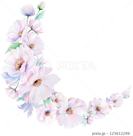 Wreath made with watercolor pink peony flowers and leaves, pastel wedding isolated illustration Wreath made with watercolor pink peony flowers and leaves, pastel wedding isolated illustration 125612299