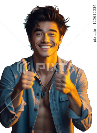 man smiling shows like with hands, png without background. created with ai 125612334