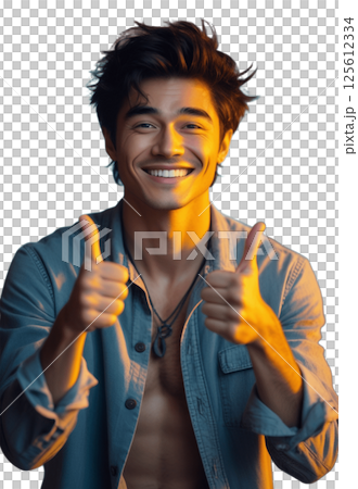 man smiling shows like with hands, png without background. created with ai 125612334