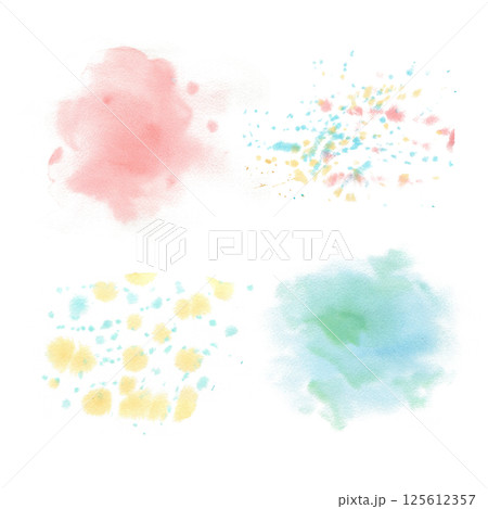 Set with Abstract watercolor blurry spots and splatters. Mint, blue, pink, coral, green, yellow hand drawn pastel splash illustration isolated from background. For wrapping paper, packaging, template 125612357