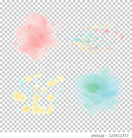 Set with Abstract watercolor blurry spots and splatters. Mint, blue, pink, coral, green, yellow hand drawn pastel splash illustration isolated from background. For wrapping paper, packaging, template 125612357