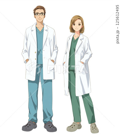 白衣を着た男性医師と女性医師イラスト 125612495