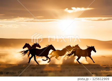 Wild horses run through dusty field at sunset.AI Generated 125612909