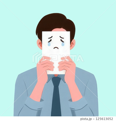 Flat cartoon style of a male employee wearing a blue shirt feeling stressed, Hold your temples. Flat cartoon style of a male employee wearing a blue shirt feeling stressed, Hold your temples. 125613052