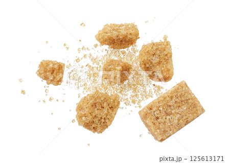 brown sugar cubes isolated on white background. Top view, flat lay 125613171