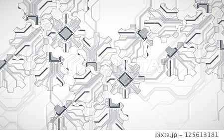 Stylized view of gears integrated with microcircuits. Concept of combining mechanics and electronics. Stylized view of gears integrated with microcircuits. Concept of combining mechanics and electronics. 125613181