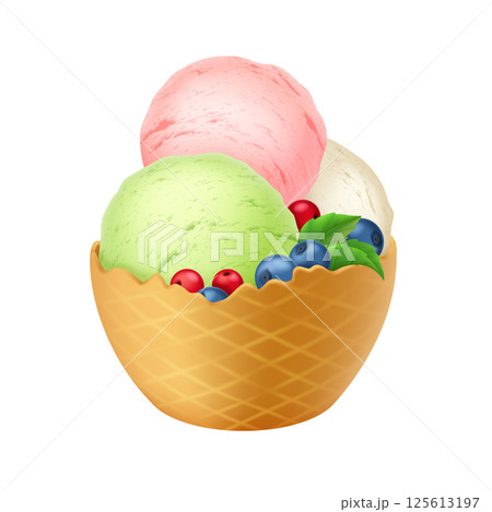 Ice Cream Scoops in Waffle Bowl with Berries Ice Cream Scoops in Waffle Bowl with Berries 125613197