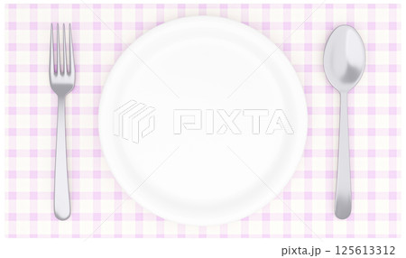3Dイラスト_皿とカトラリー_ランチョンマット_紫 125613312