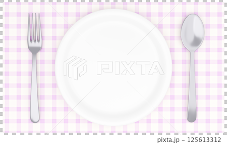 3Dイラスト_皿とカトラリー_ランチョンマット_紫 125613312