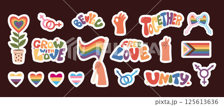 Pride Month Stickers. Hand Holding LGBTQ Progress Flag, Diverse Hearts, Rainbow symbols, signs LGBT community, gestures and Lettering motivating slogans. Isolated holiday elements. Vector illustration Pride Month Stickers. Hand Holding LGBTQ Progress Flag, Diverse Hearts, Rainbow symbols, signs LGBT community, gestures and Lettering motivating slogans. Isolated holiday elements. Vector illustration 125613636