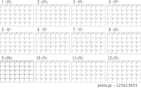 日曜だけ色付きのシンプルな2026年のマンスリーカレンダーの素材セット 125613655