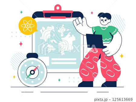 Geologist Illustration Featuring Soil Analysis and Earth's Surface Features for Scientific Research, Exploration, or Expedition in a Background 125613669