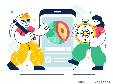 Geologist Illustration Featuring Soil Analysis and Earth's Surface Features for Scientific Research, Exploration, or Expedition in a Background Geologist Illustration Featuring Soil Analysis and Earth's Surface Features for Scientific Research, Exploration, or Expedition in a Background 125613674