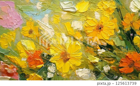 春イメージ　カラフルな油絵の抽象的アートテクスチャおしゃれな背景 125613739