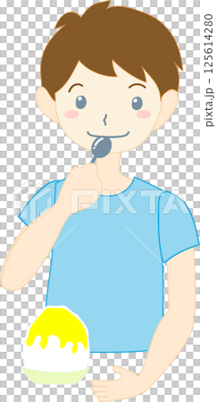 一個男孩吃刨冰的插圖 125614280
