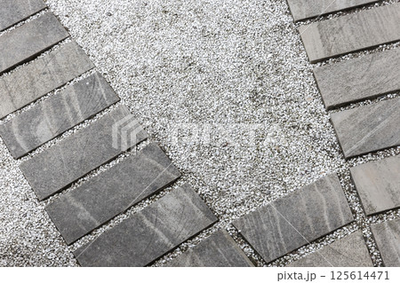 A modern outdoor arrangement featuring a stone path and gravel A modern outdoor arrangement featuring a stone path and gravel 125614471