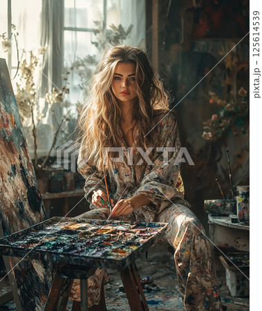 アートスタジオで色鮮やかな風景画を描く優雅な女性アーティスト 125614539