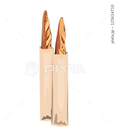 Two long crusty and craft baguettes in a paper bags. Tasty loaf bread set isolated vector illustration. Two long crusty and craft baguettes in a paper bags. Tasty loaf bread set isolated vector illustration. 125614710