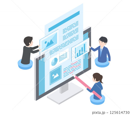 オンライン上で資料の共同編集をしている男女のアイソメトリックイラスト 125614730