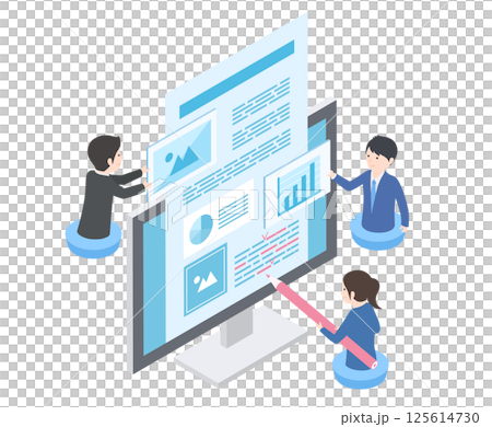オンライン上で資料の共同編集をしている男女のアイソメトリックイラスト 125614730