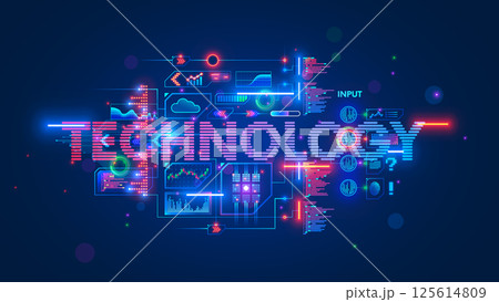 Information Technology Concept. Futuristic Digital word technology with computers tech icons, graphs data, code program. Technology and Science background vector Illustration. Retro futurism. Information Technology Concept. Futuristic Digital word technology with computers tech icons, graphs data, code program. Technology and Science background vector Illustration. Retro futurism. 125614809