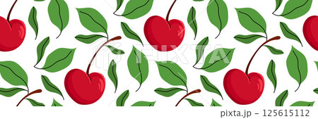 Seamless pattern with red cherry and green foliage. Spring garden background. Harvest, farm and agriculture. Perfect for textile, menu, packaging, kitchen design. Flat vector illustration. 125615112