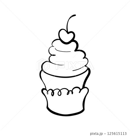 Hand drawn vector doodle of cupcake with swirled icing and cherry. Fun minimal dessert element for bakery branding, packaging, and kids designs. 125615113