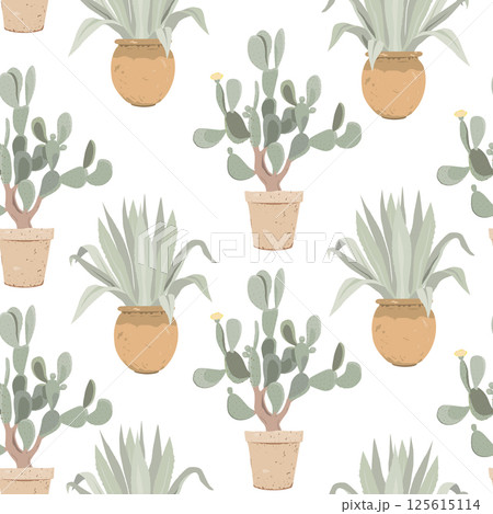 Potted agave and prickly pear cactus seamless pattern. Mediterranean garden. Potted houseplants for dry climate. Vector isolated illustration Potted agave and prickly pear cactus seamless pattern. Mediterranean garden. Potted houseplants for dry climate. Vector isolated illustration 125615114