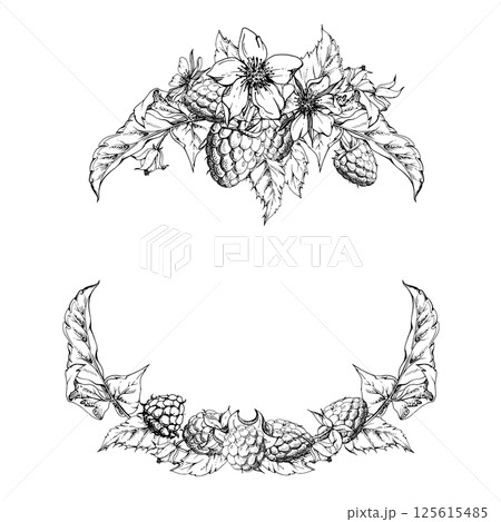 Raspberry flower buds leaves, ripe garden berries wreath hand drawn in vector ink. dewberry cloudberry mulberry loganberry tayberry. Isolated circle frame illustration. Wedding stationery florist shop 125615485
