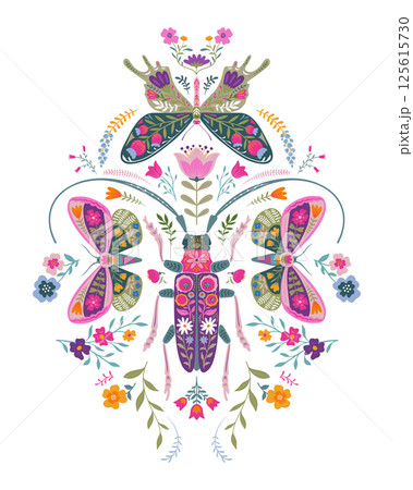 Vector beautiful composition with ornate insects, beetles, butterflies. Folk art floral poster. 125615730