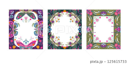 Vector collection of three beautiful frames with ornate insects, beetles, butterflies. Folk art floral cards. 125615733